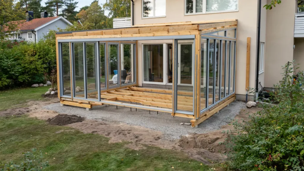 bygge av inglasad altan med grundl ggning vid villa i nolhaga alings s